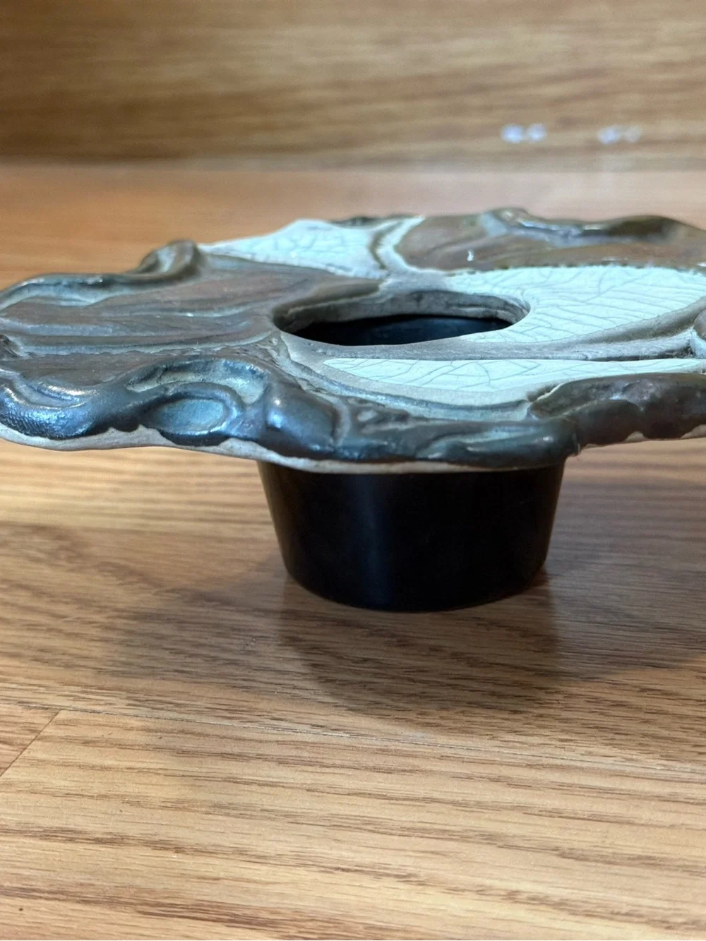 Vintage Prolon Ikebana pottery flower frog vase featuring an Art Nouveau